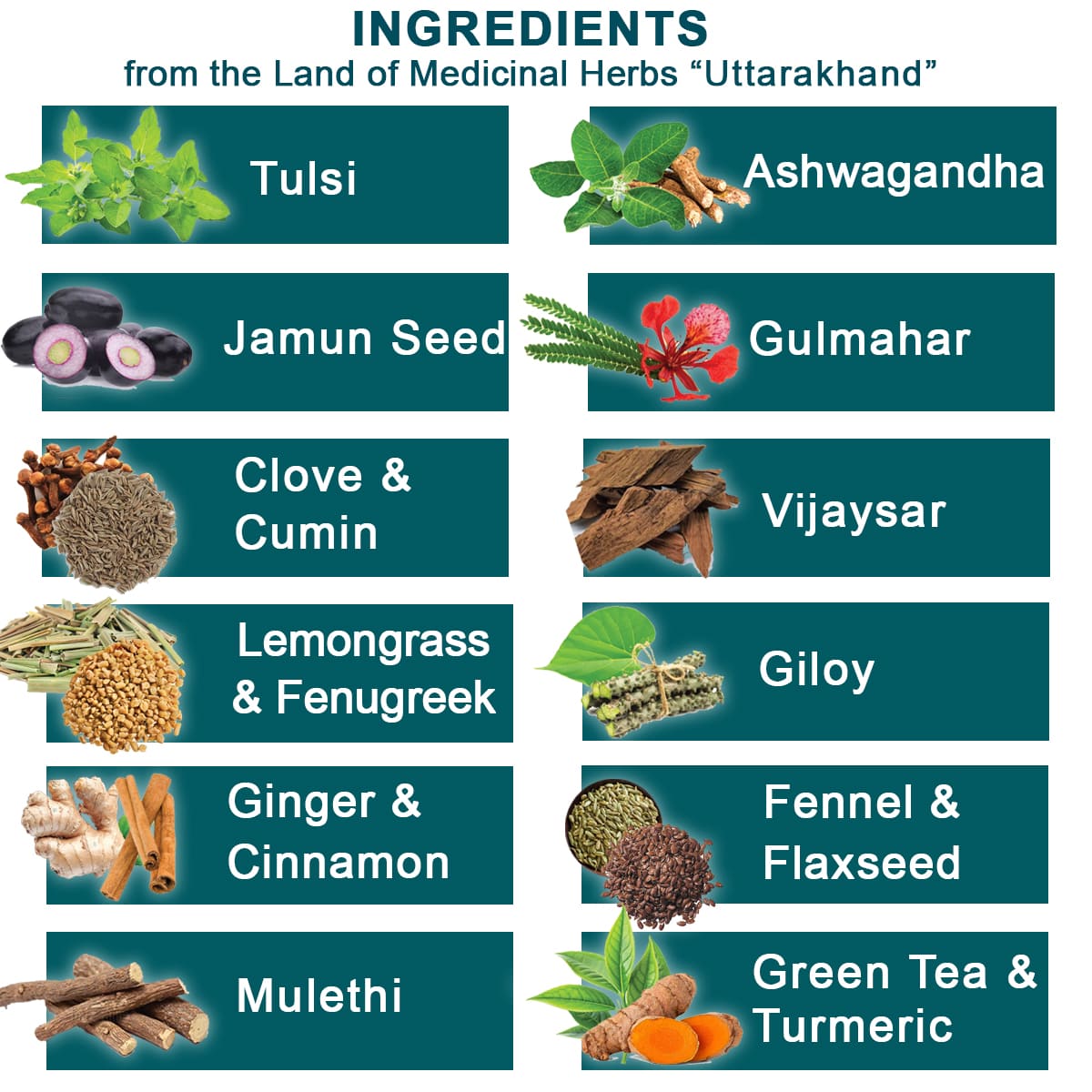 Himalayan Herbs in Diabetic Care Tea like TUlsi, Ashwagandha, Jamun seed, gulmahar, clove, cumin, vijaysar, lemongrass, fenugreek, giloy, ginger, cinnamon, fennel, laxseed, mulethi, green tea, turmeric