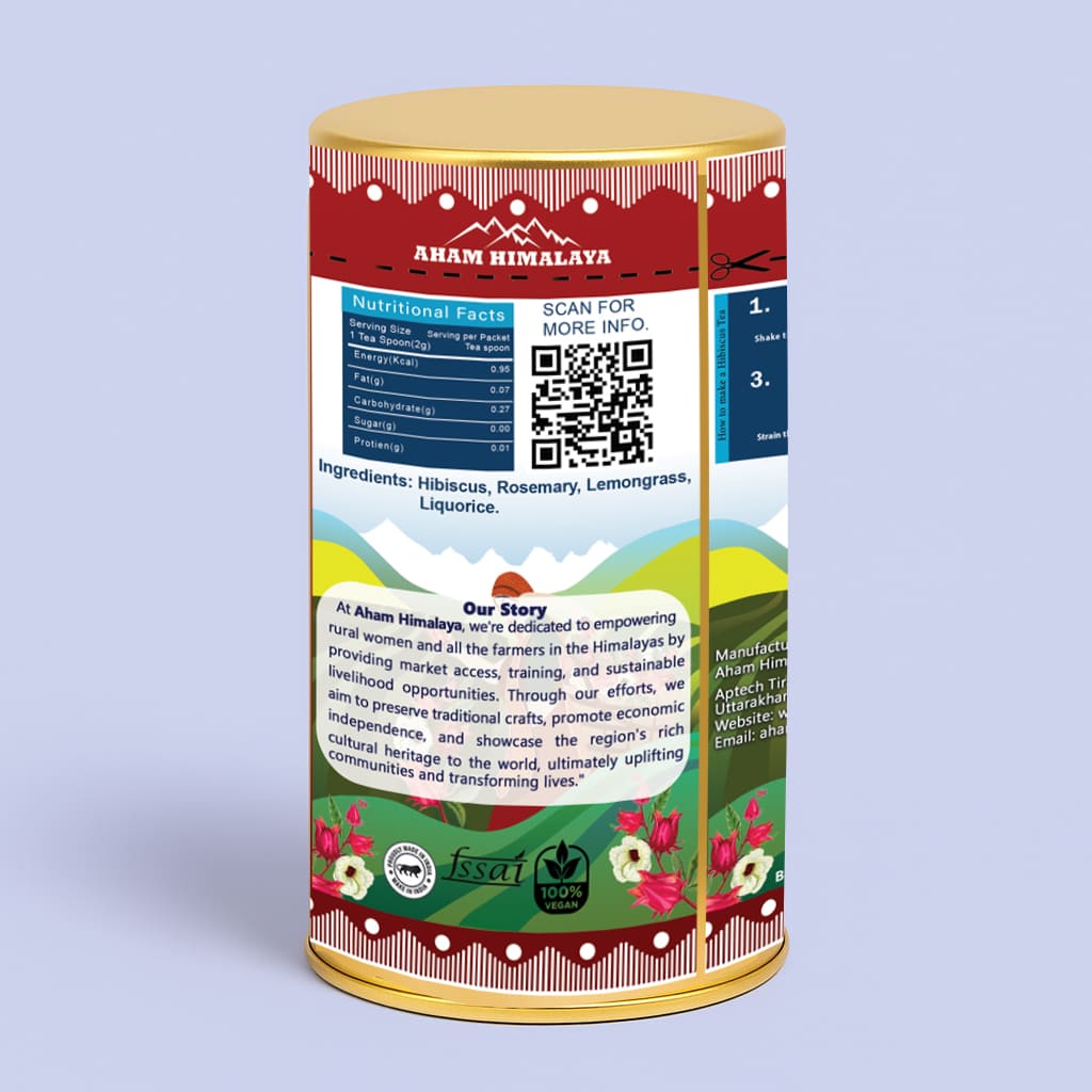 Rosemary Hibiscus Tea Box Back Packaging, Rosemary Hibiscus tea, Caffeine Free, Herbal Tea, Hibiscus Tea Loose Leaf