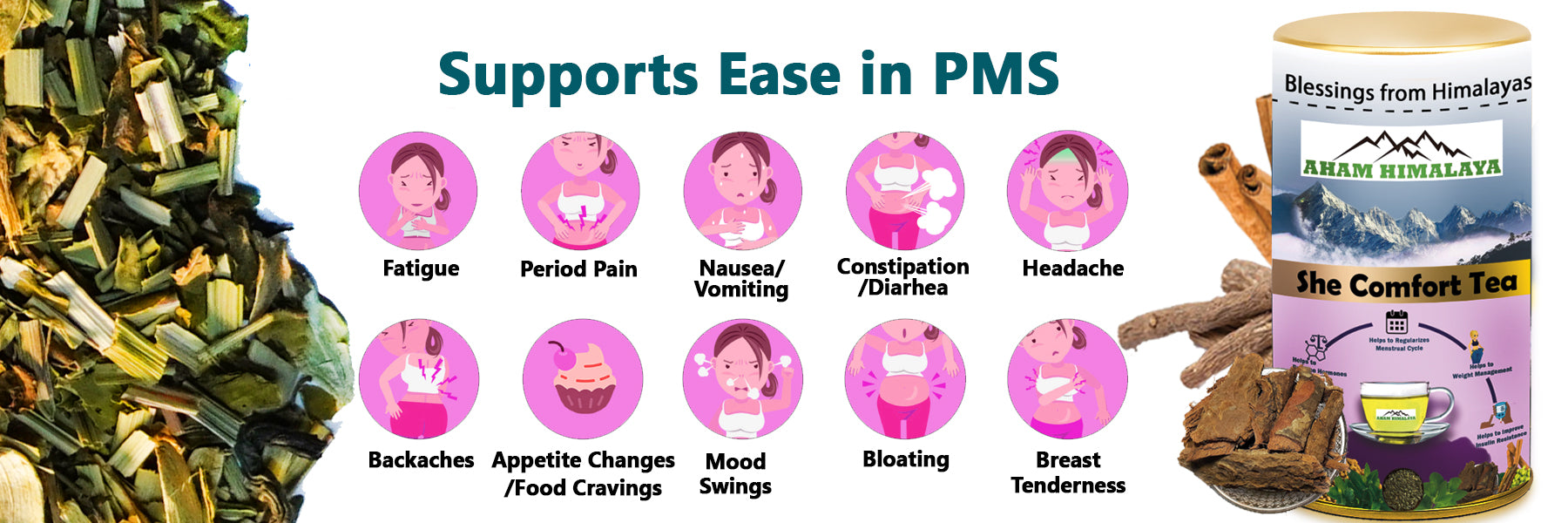 Tea packaging with natural ingredients and a list of PMS symptoms supported by the tea.