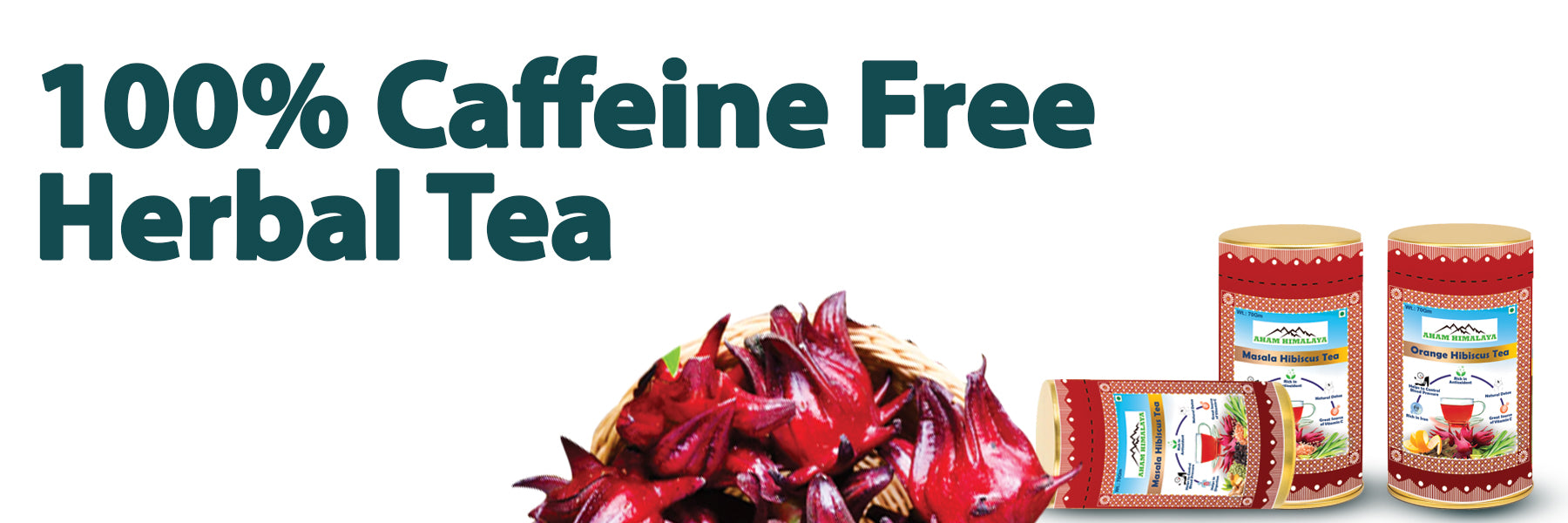100% caffeine-free herbal tea packaging with red berries on a white background