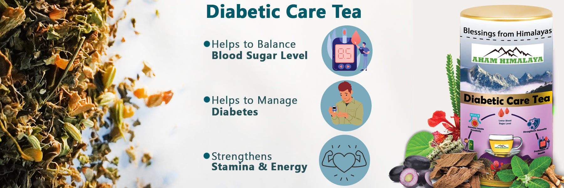 Diabetic Care Tea packaging with tea leaves and promotional text on a white background