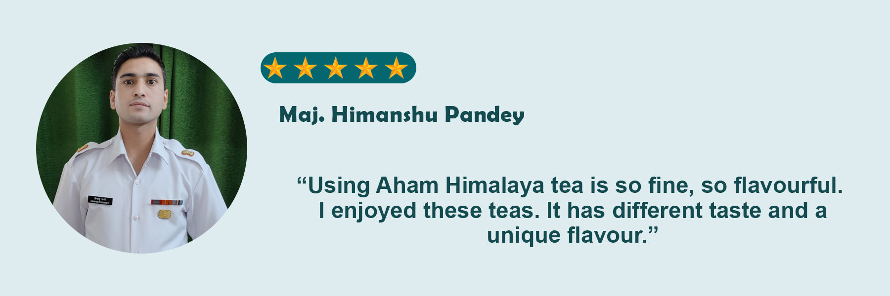Review of Aham Himalaya tea with a person in uniform and text on a light blue background