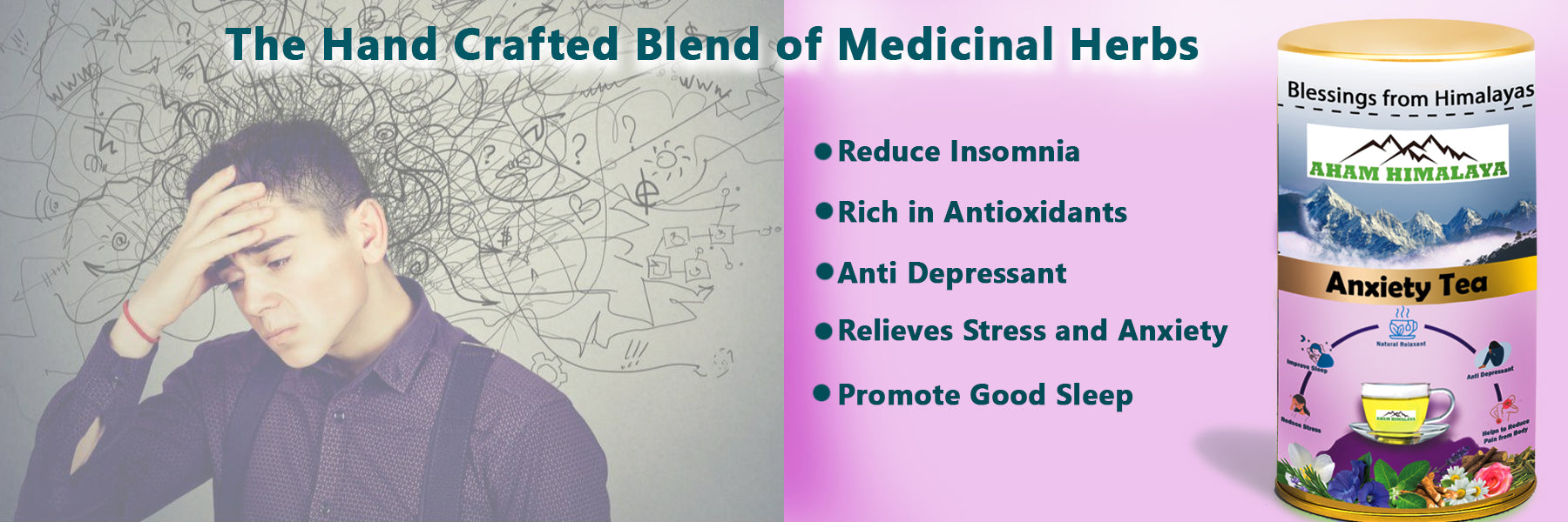 a box packaging of Anxiety tea which helps to reduce insomnia, anti depressant, stress & anxiety relieve, also or good sleep