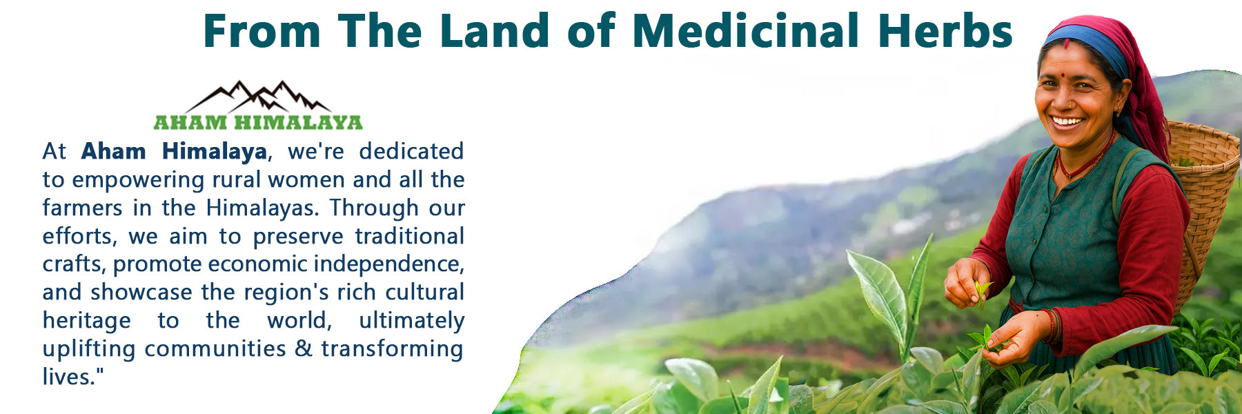 Woman in a green field with mountains in the background, promoting Aham Himalaya's commitment to empowering rural women and farmers.