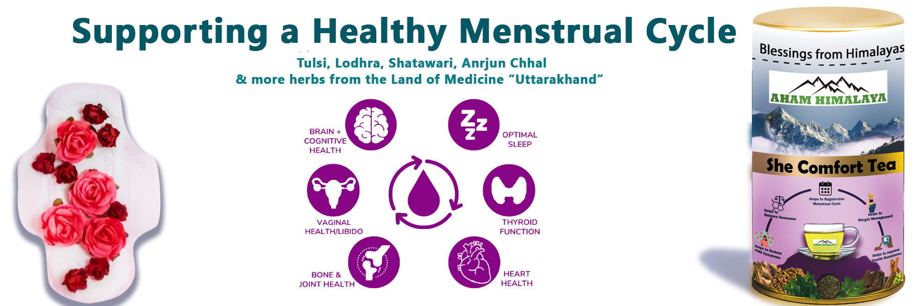 Tea product with floral design and text about supporting a healthy menstrual cycle, featuring herbs from Uttarakhand.
