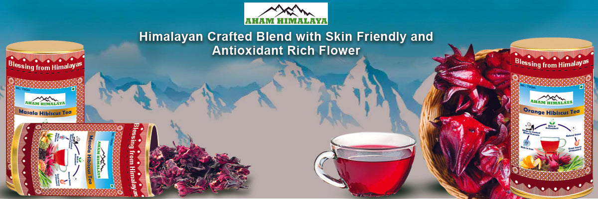 Tea packaging with Himalayan mountains and tea cup on a blue background