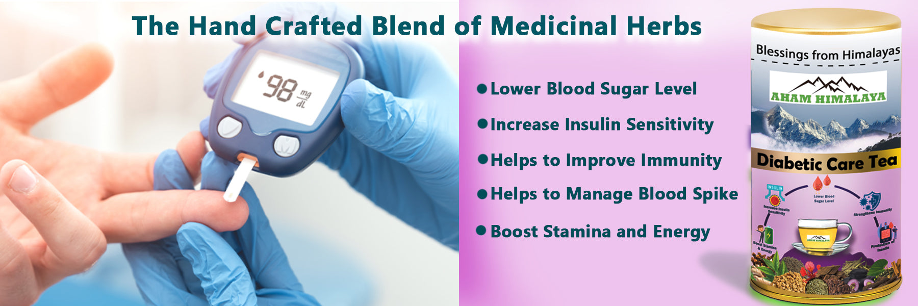 Diabetic care tea packaging with blood sugar monitor and person testing blood sugar levels.