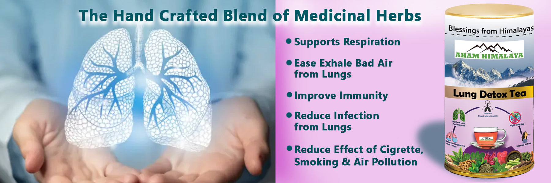 Lung detox tea packaging with a diagram of lungs and text about its benefits.