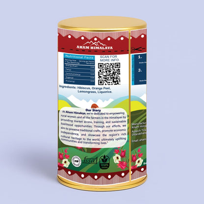 Orange Hibiscus Tea Box Back Packaging, Orange Hibiscus tea, Caffeine Free, Herbal Tea, Hibiscus Tea Loose Leaf