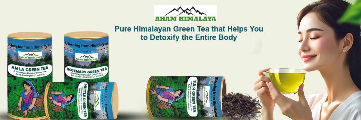 Ad for Ahm Himalaya Pure Himalayan Green Tea with tea packaging and a person drinking tea.